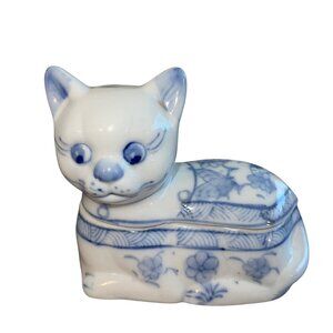 Chinese Cat Dish Jewelry Blue Ceramic Trinket Box Collectible Decor